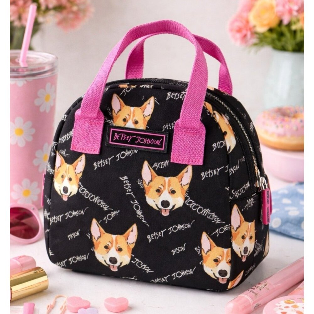 Betsey Johnson Corgi Print Mini Lunch Bag Pink Handles Zipper Top Cute Dog Black